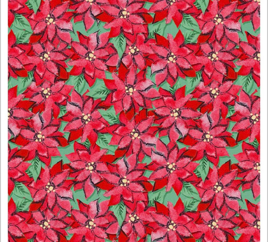 Poinsettia Christmas Fabric - 100% Cotton - Fabric- continuous cuts