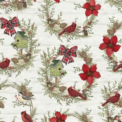 Cardinal Wreaths Christmas Fabric -  Fat Quarters - By the 1/4 or 1/2 Yard- 100% Cotton - Fabric- continuous cuts Susan Winget