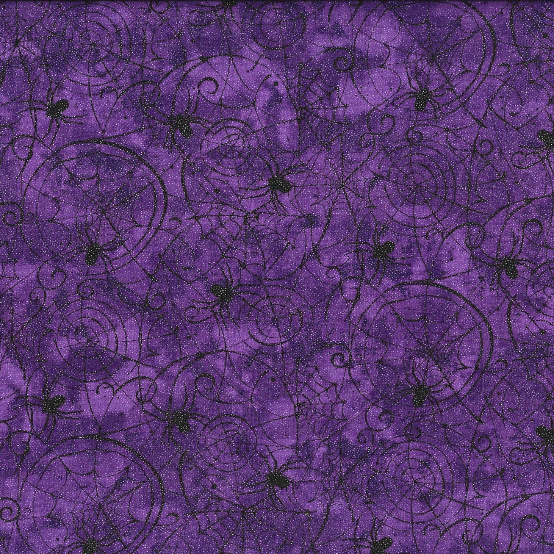 Glitter Accent Spiderwebs on Purple Fabric - Cotton Halloween Fabric - 100% Cotton - Continuous cuts -
