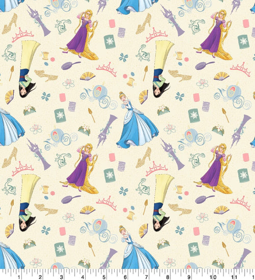 Disney Princesses with Icons Cotton fabric- 100% Cotton -continuous cuts Licensed Fabric