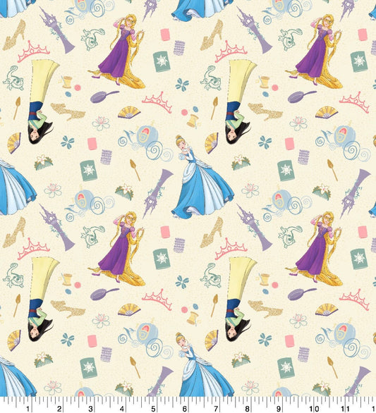 Disney Princesses with Icons Cotton fabric-  100% Cotton  -continuous cuts Licensed Fabric