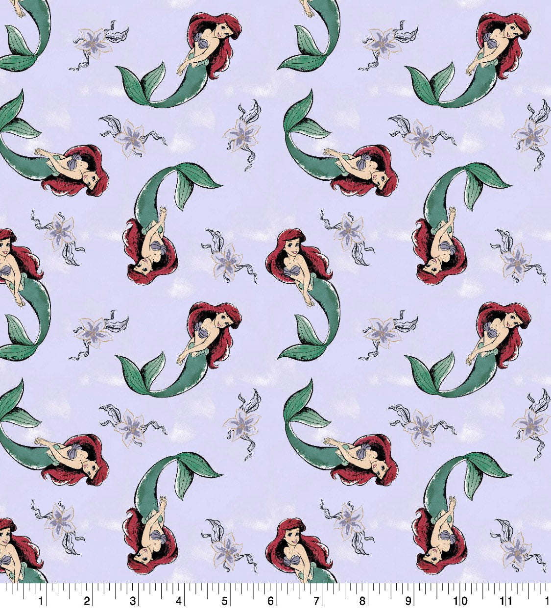 Disney Princess Ariel Dot Flowers cotton fabric 100% Cotton - by the 1/2 yard- continuous cuts