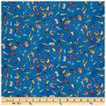 Fishing lures on Blue Novelty cotton fabric