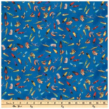 Fishing lures on Blue Novelty cotton fabric