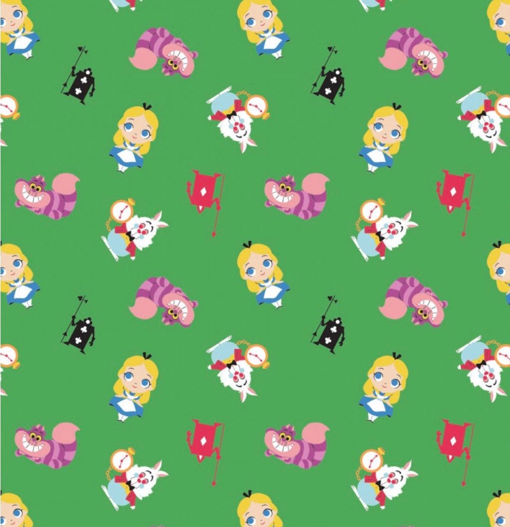 Alice in Wonderland Green cotton fabric- 100% Cotton -continuous cuts