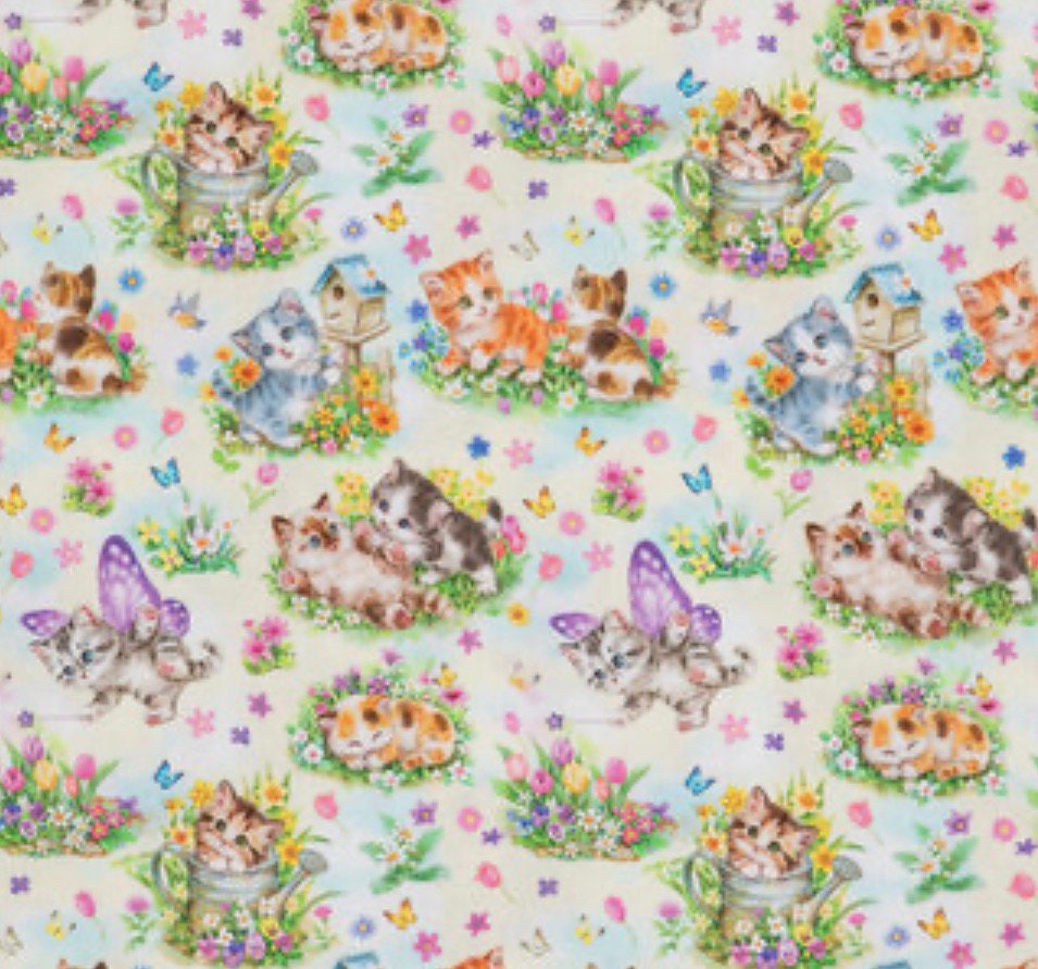 Kittens and Butterflies Calico Cotton fabric- 100% Cotton - Fabric - Continuous cuts Cats Animals