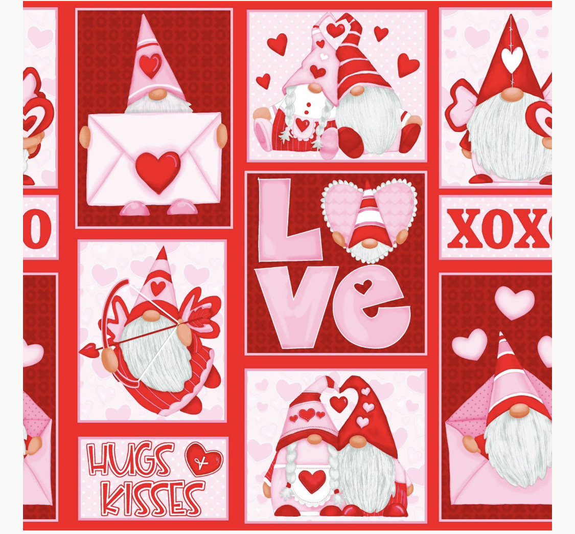 Henry Glass Gnomie Love Patchwork Valentine Gnomes Cotton Fabric- 100% Cotton - Continuous Cuts - Hugging Gnomes