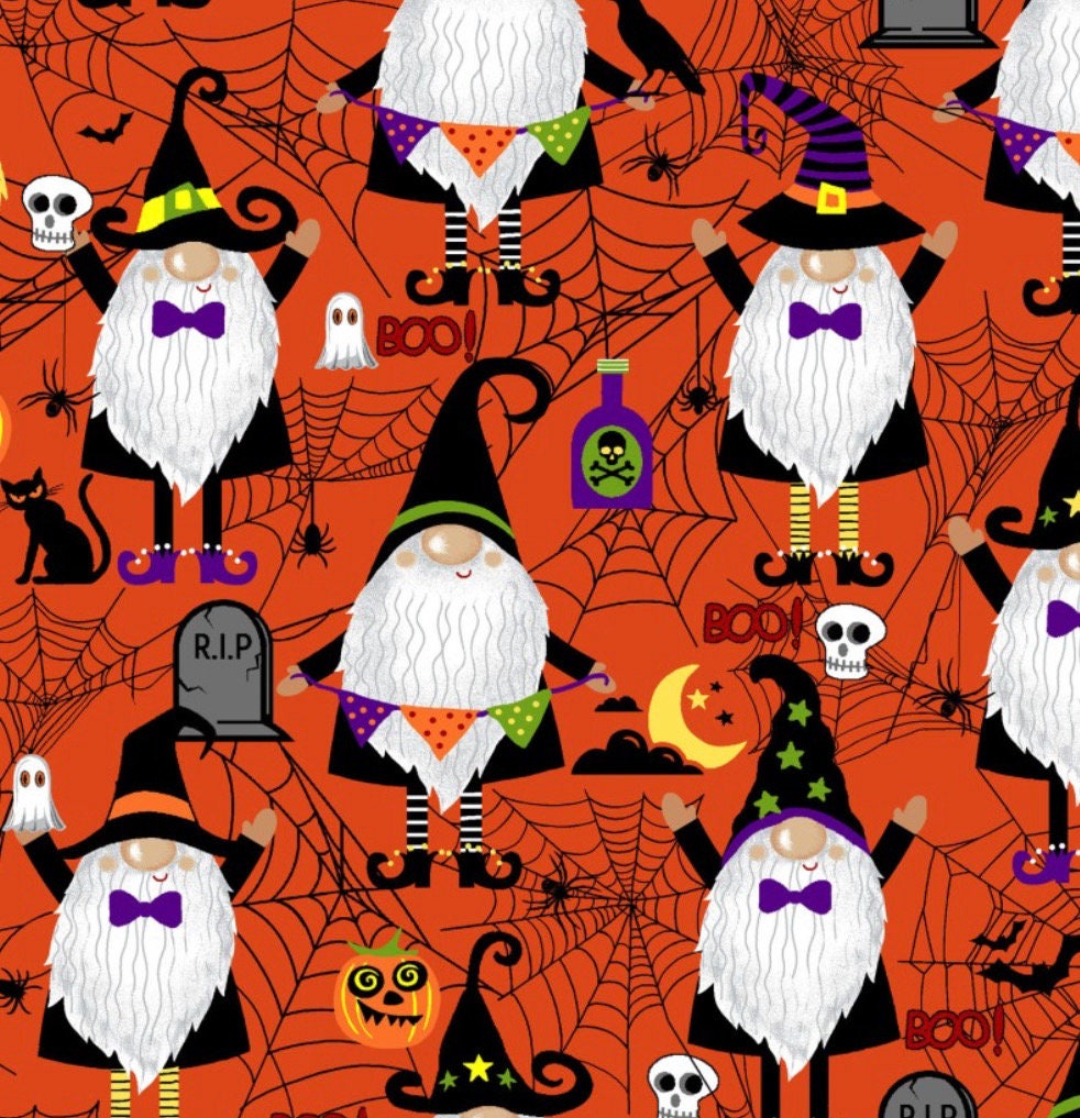Bewitching Gnomes Freckle and Lollie cotton fabric- Halloween Party Gnomes - continuous cuts