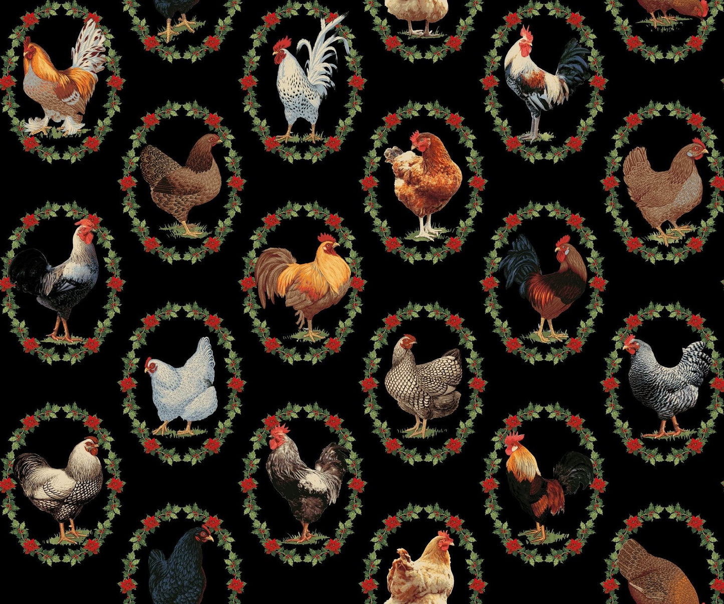 Christmas Roosters on Black Cotton Fabric - 100% Cotton-Freckle & Lollie - Tidings and Joy by Mai Designs