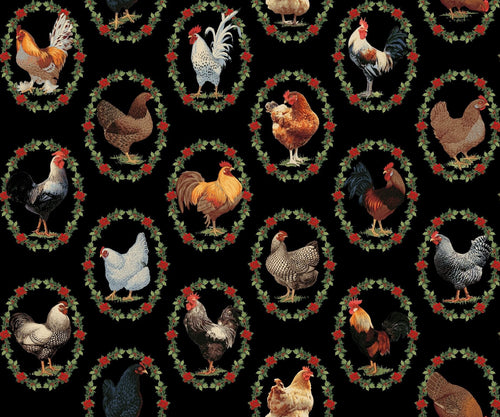Christmas Roosters on Black Cotton Fabric - 100% Cotton-Freckle & Lollie - Tidings and Joy by Mai Designs