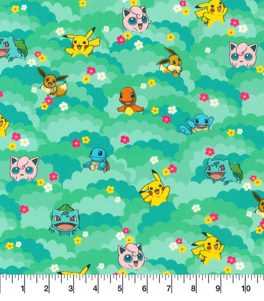 Pokémon Friends Floral Tossed Cotton fabric- Robert Kaufman continuous cuts- 100% Cotton - Licensed Fabric