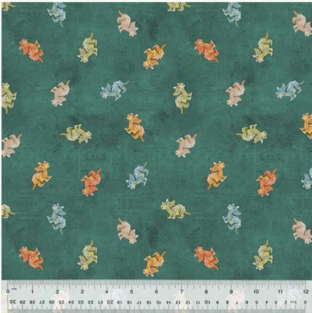 Age of the dinosaurs - Teal Tiny Triceratops -Roar Cotton Fabric- by the 1/2 yard. Cute- roar- continuous cuts