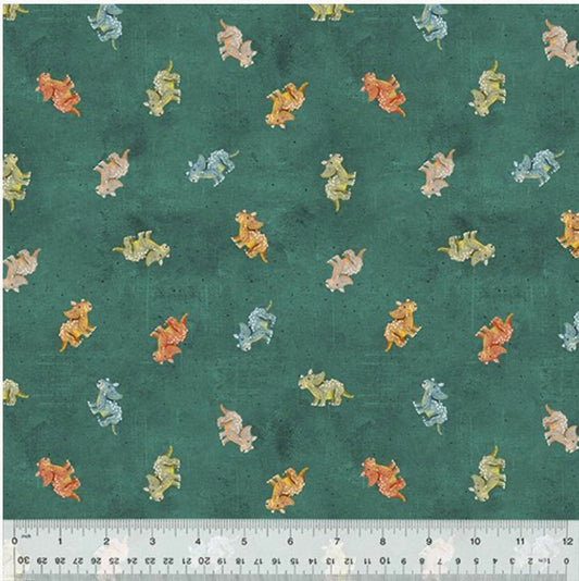Age of the dinosaurs - Teal Tiny Triceratops -Roar Cotton Fabric- by the 1/2 yard. Cute- roar- continuous cuts