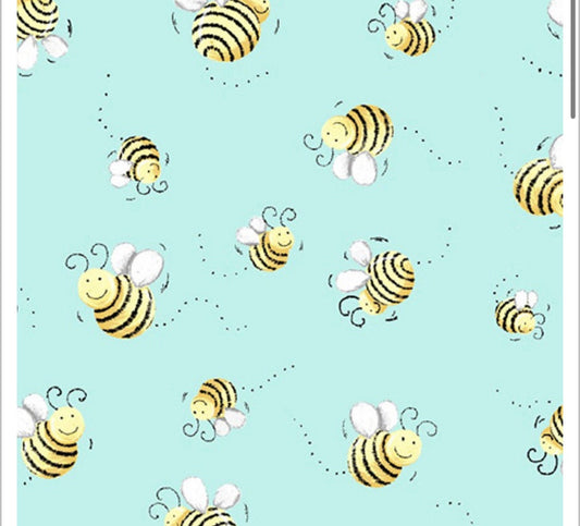 SusyBee Sweet Bees light Aqua Blue cotton fabric Continuous cuts- 100% Cotton