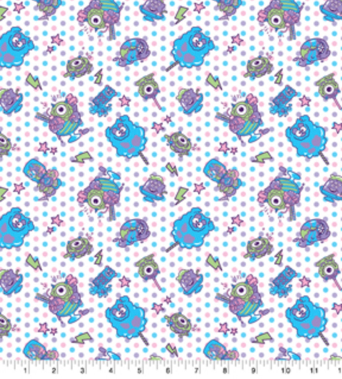 Monsters Inc. White and Blue  colored cotton fabric Continuous cuts 100% Cotton -Licensed Fabric