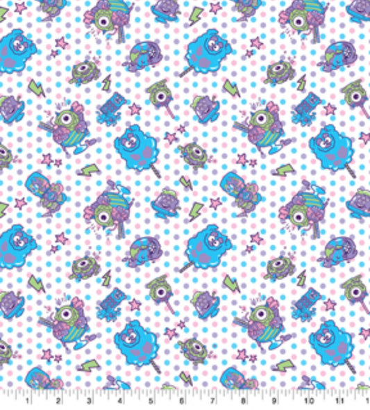 Monsters Inc. White and Blue  colored cotton fabric Continuous cuts 100% Cotton -Licensed Fabric