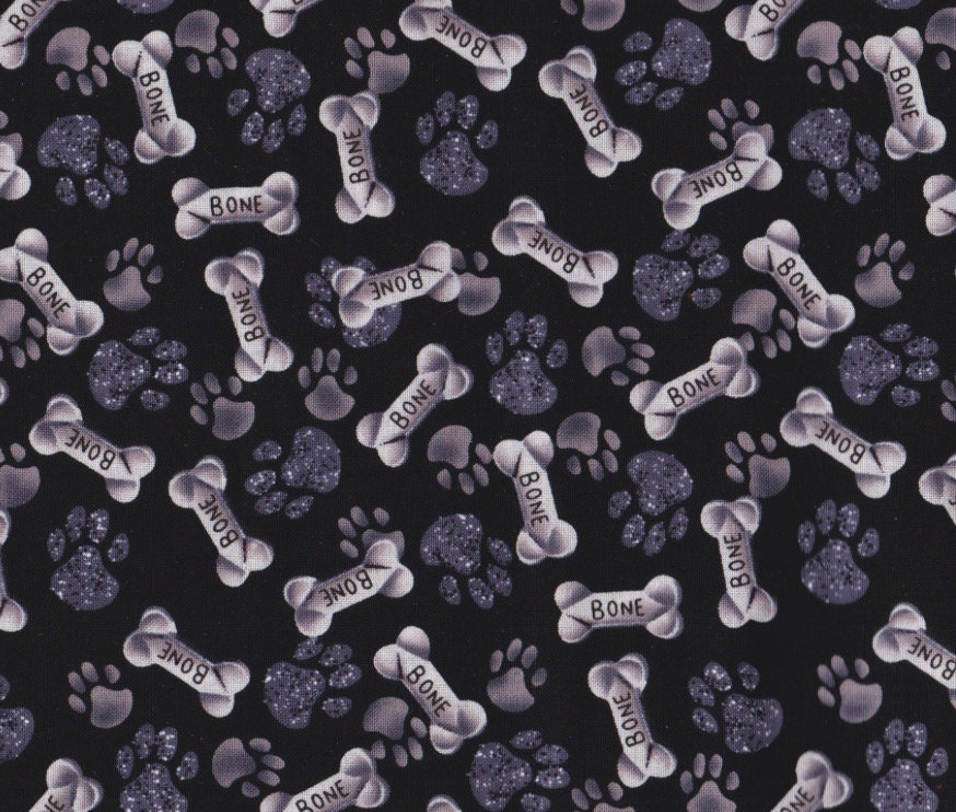 Tossed Paws & Bones on Charcoal Cotton fabric - 100% Cotton - Continuous Cuts - Fabric Traditions