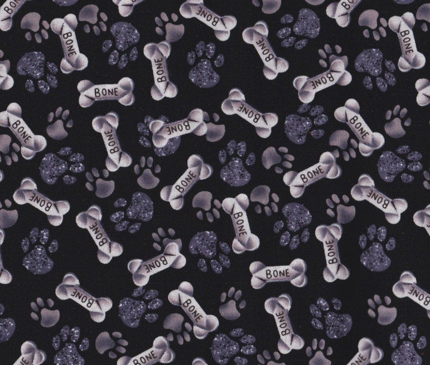 Tossed Paws & Bones on Charcoal Cotton fabric -  100% Cotton - Continuous Cuts - Fabric Traditions