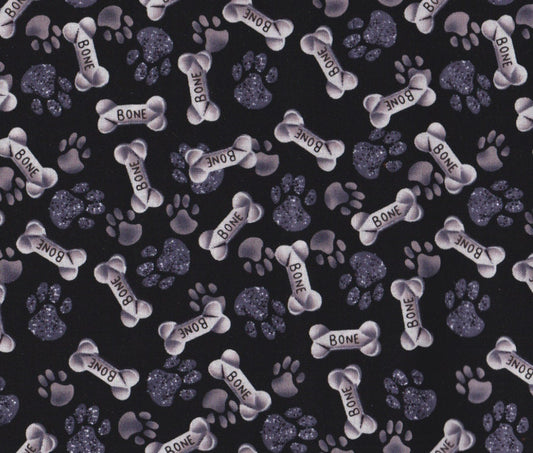 Tossed Paws & Bones on Charcoal Cotton fabric - 100% Cotton - Continuous Cuts - Fabric Traditions