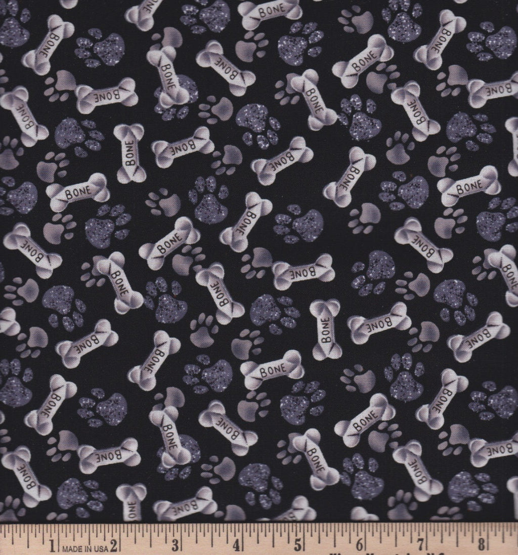 Tossed Paws & Bones on Charcoal Cotton fabric - 100% Cotton - Continuous Cuts - Fabric Traditions