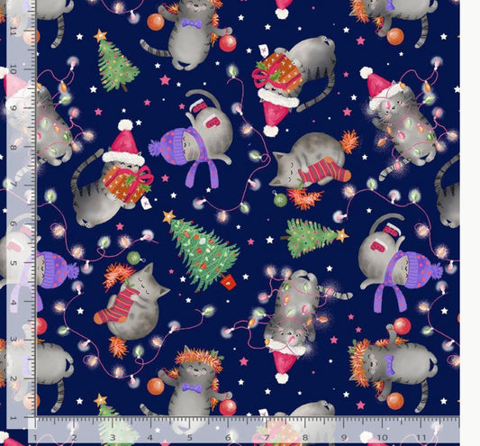Christmas Holiday Cats on Navy- Cotton Fabric - Fat Quarters,- 100% Cotton-by the 1/2 yard - Timeless Treasures
