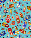 Nesting Dolls cotton fabric - continuous cuts. MATRYOSHKA M645 Turquise tossed Dolls