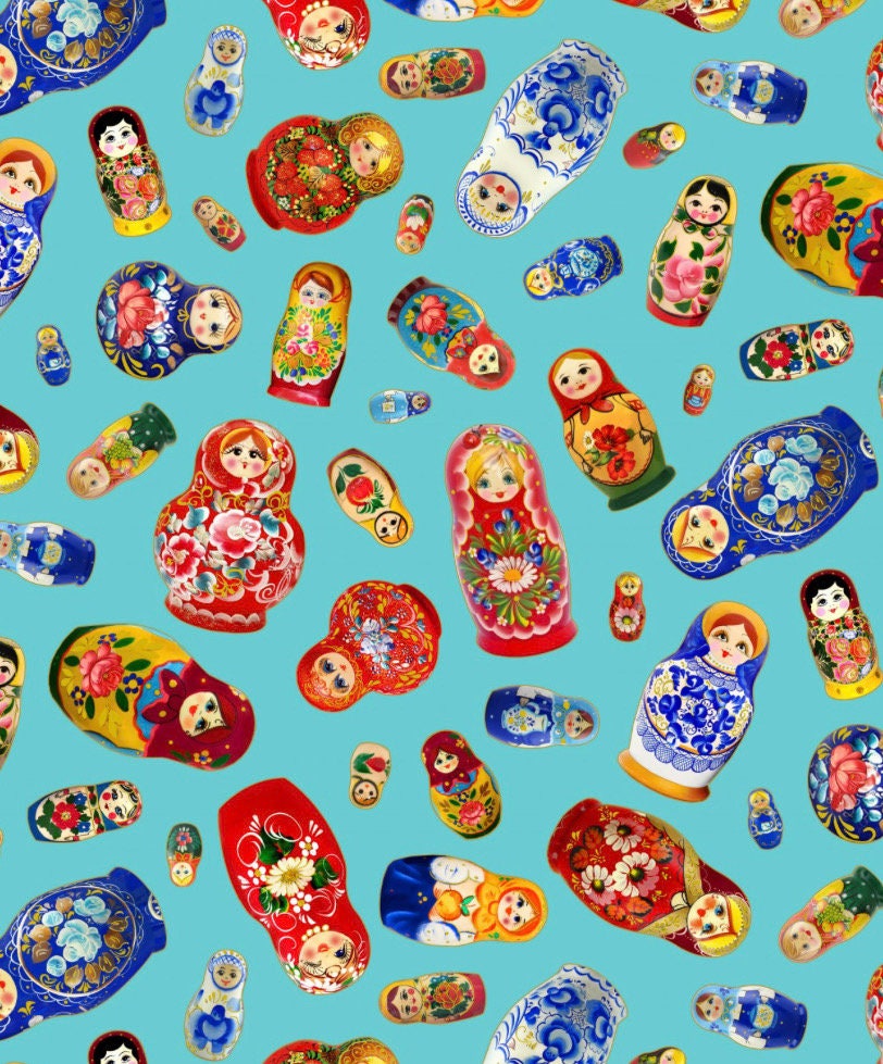 Nesting Dolls cotton fabric - continuous cuts. MATRYOSHKA M645 Turquise tossed Dolls