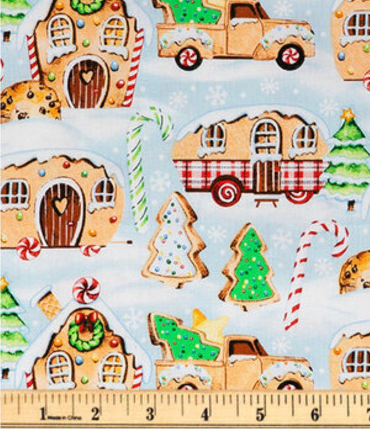 Gingerbread Trucks cotton fabric- 100% Cotton - continuous cuts