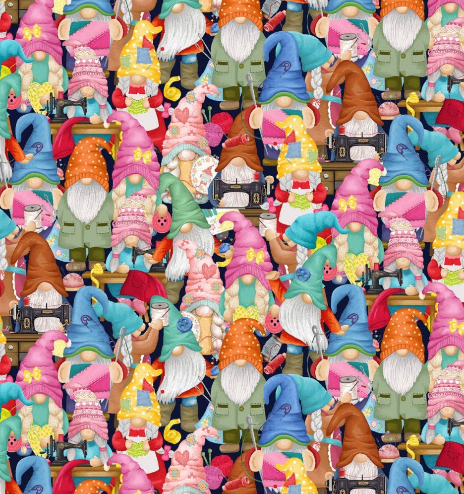Packed Sewing Gnomes Cotton Fabric 100% Cotton - Crafty Gnomes - Sewing -