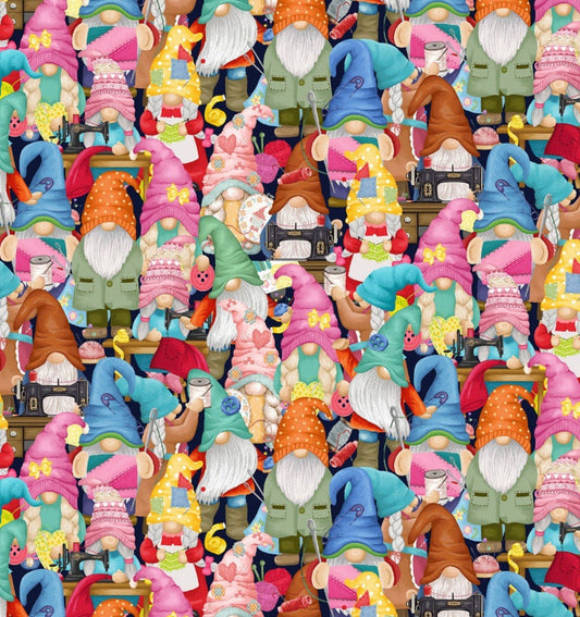 Packed Sewing Gnomes Cotton Fabric 100% Cotton - Crafty Gnomes - Sewing -