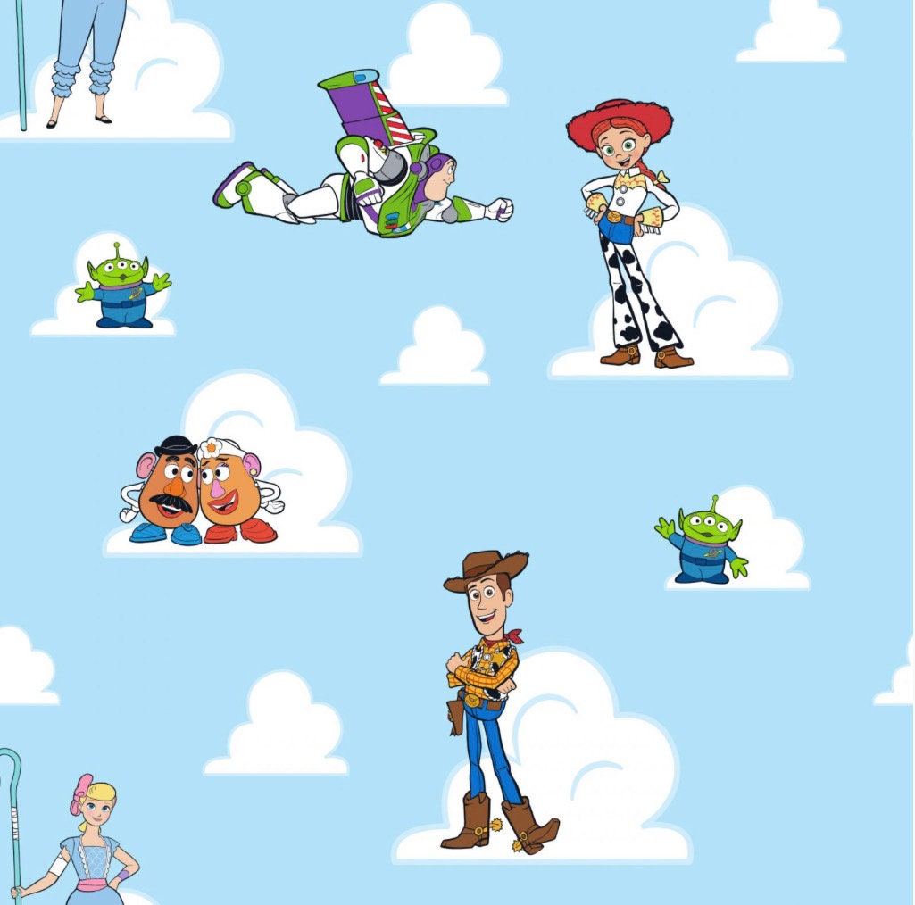 Toy Story Friends Sketch and clouds Disney Cotton Fabric- 100% Cotton - Licensed Fabric