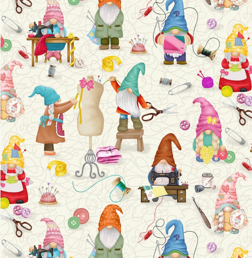 Cream Sewing Gnomes Cotton Fabric 100% Cotton - Gnomes
