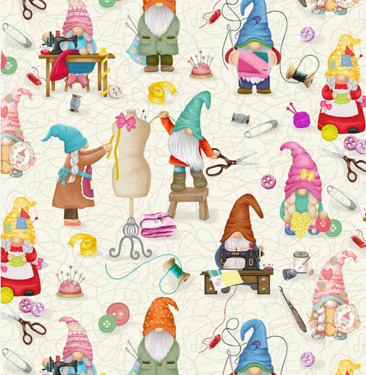 Cream Sewing Gnomes Cotton Fabric 100% Cotton - Gnomes