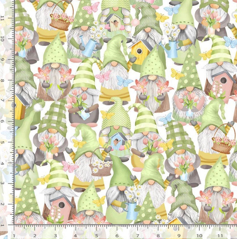 Spring Gnomes and Birdcage - Green  Cotton Fabric 100% Cotton - Timeless Treasures CD2002
