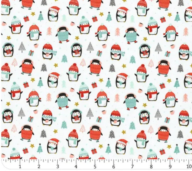 Merry Penguins White Winter Delight Penguins Cotton Fabric - Camelot Fabrics- Continuous Cuts 89220902