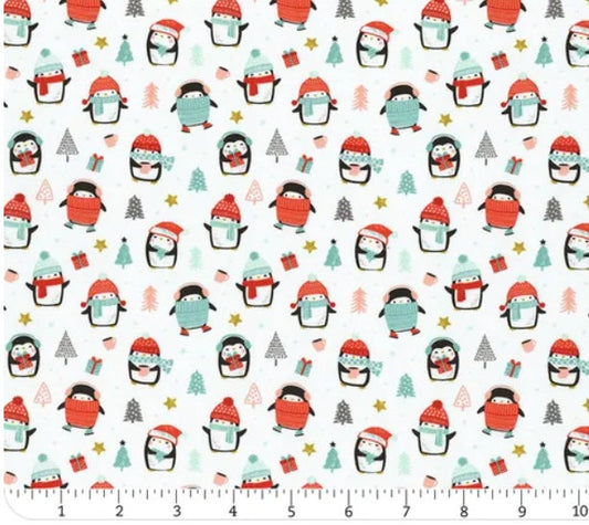 Merry Penguins White Winter Delight Penguins Cotton Fabric - Camelot Fabrics- Continuous Cuts 89220902