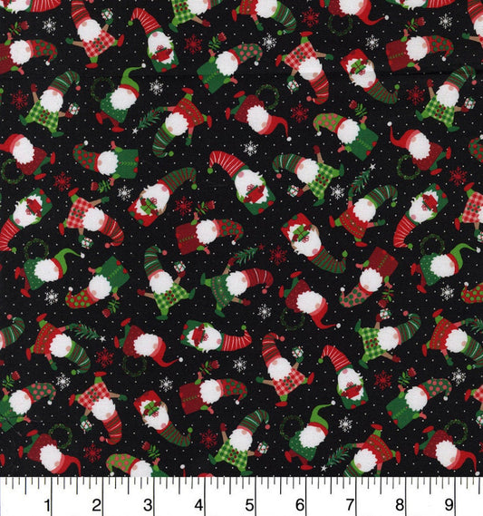 Packed Mini Gnomes on black- cotton fabric 100% Cotton -