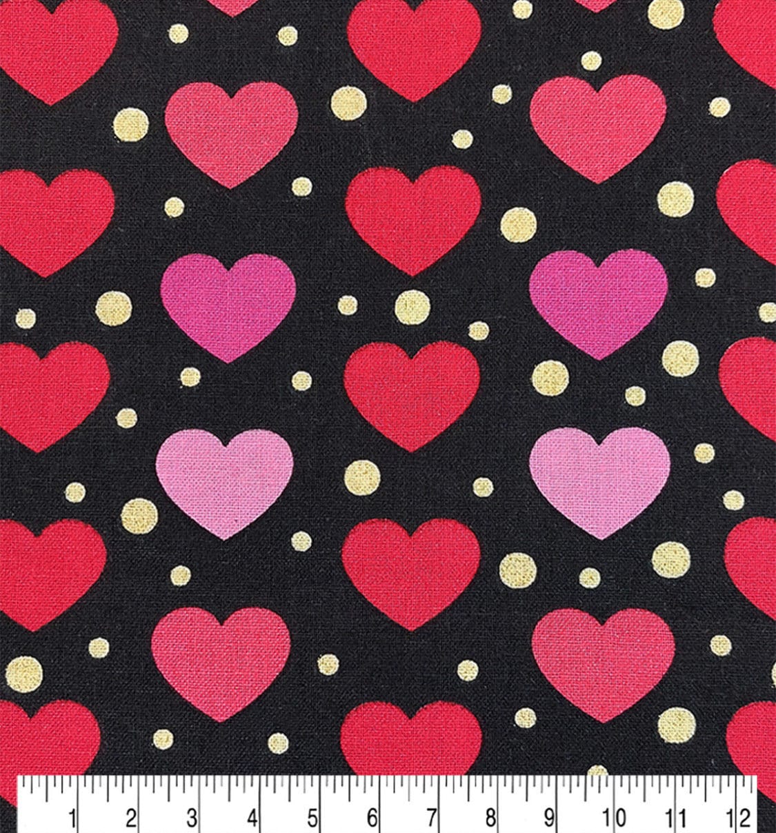 Linear Multi Color hearts on black -Glitter Accent 100% Cotton- continuous cuts