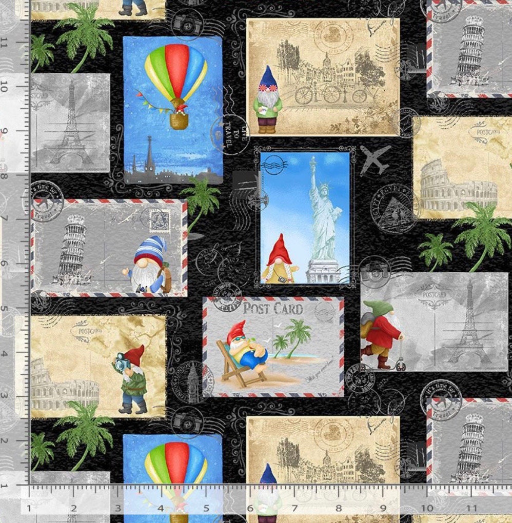 Postcard Traveling Gnomes Cotton Fabric- 100% Cotton - Traveling Gnomes