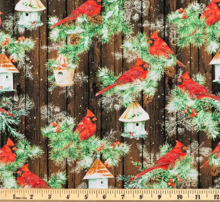 Rustic Cardinals Christmas Cotton Fabric 100% Cotton - Fabric- continuous cuts