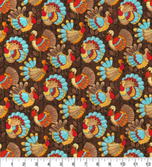 Fall Teal Turkeys on Brown Cotton fabric - thanksgiving- fall- autumn 100% Cotton -