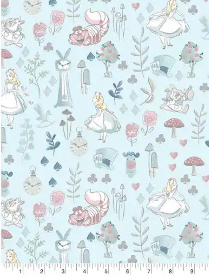 Alice in Wonderland Blue Scenic cotton fabric- 100% Cotton -continuous cuts