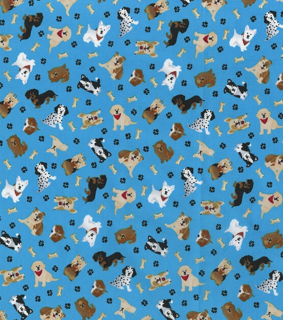 Tossed Pups on Teal Cotton Fabric- Fabric - 100% Cotton- By Robert Kaufman Fabric