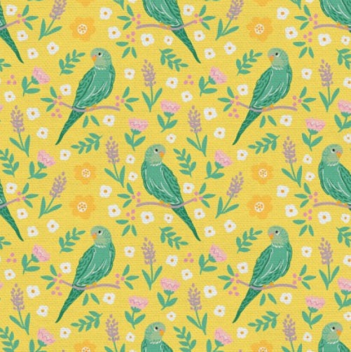 Birds and Blooms Budgies Yellow Cotton Fabric  100% Cotton - Fabric Material - PSF120-21577