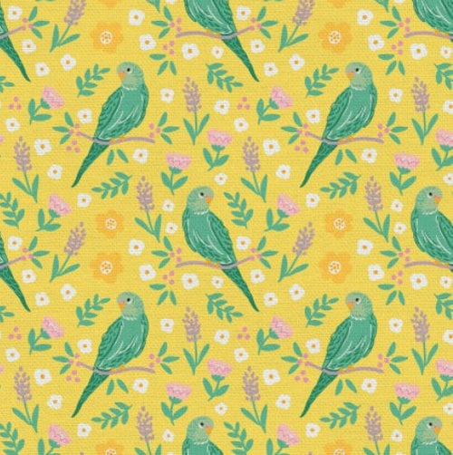 Birds and Blooms Budgies Yellow Cotton Fabric 100% Cotton - Fabric Material - PSF120-21577