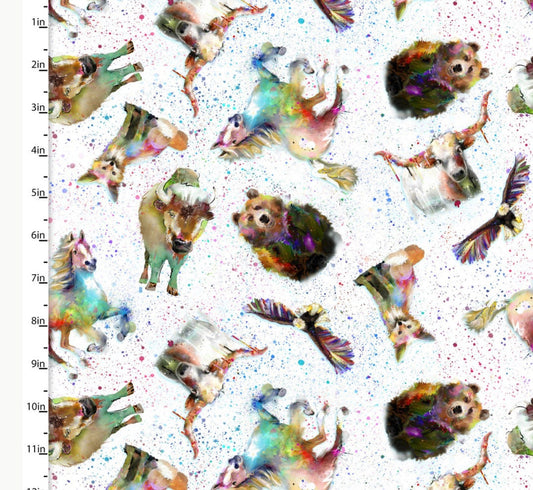 3W-Whimsical West 20273 White - Wild West Animals- 100% Cotton - Continuous cuts