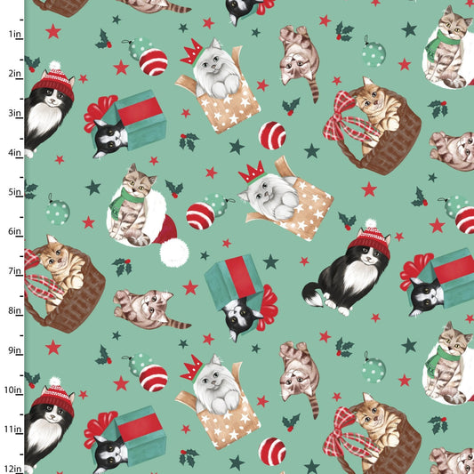 Santa Paws Christmas Fabric - Fat Quarters- 100% Cotton-by the 1/2 yard -3 Wishes Fabrics - 3W-Santa Paws 20754 Green - Purrfect Package