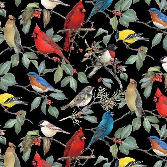 Birds and Hollies Christmas Fabric -100% Cotton - continuous cuts WW-3114-2 Black/Multi - Birds & Hollies