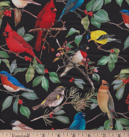 Birds and Hollies Christmas Fabric -100% Cotton - continuous cuts WW-3114-2 Black/Multi - Birds & Hollies