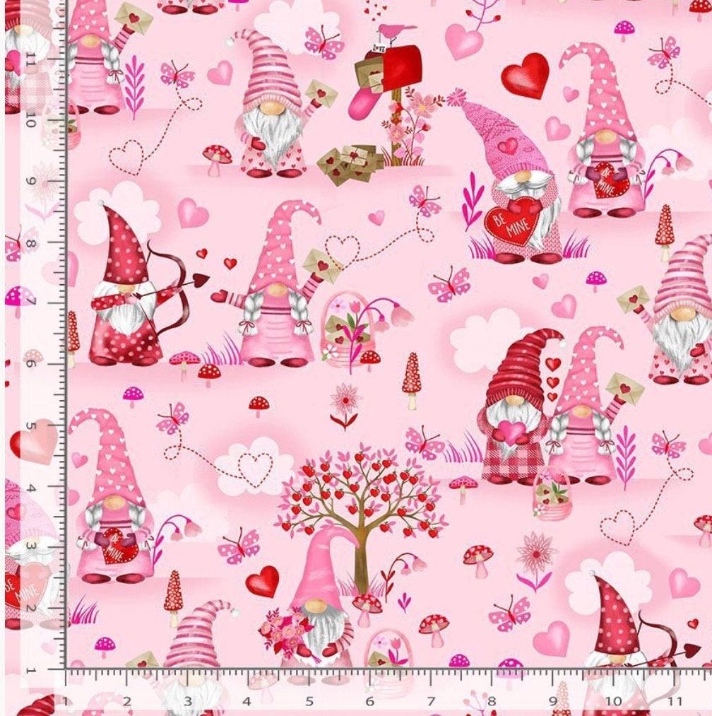 Gnomes Pink Valentine Gnomes Cotton Fabric- 100% Cotton - Continuous Cuts - GAIL CD2378